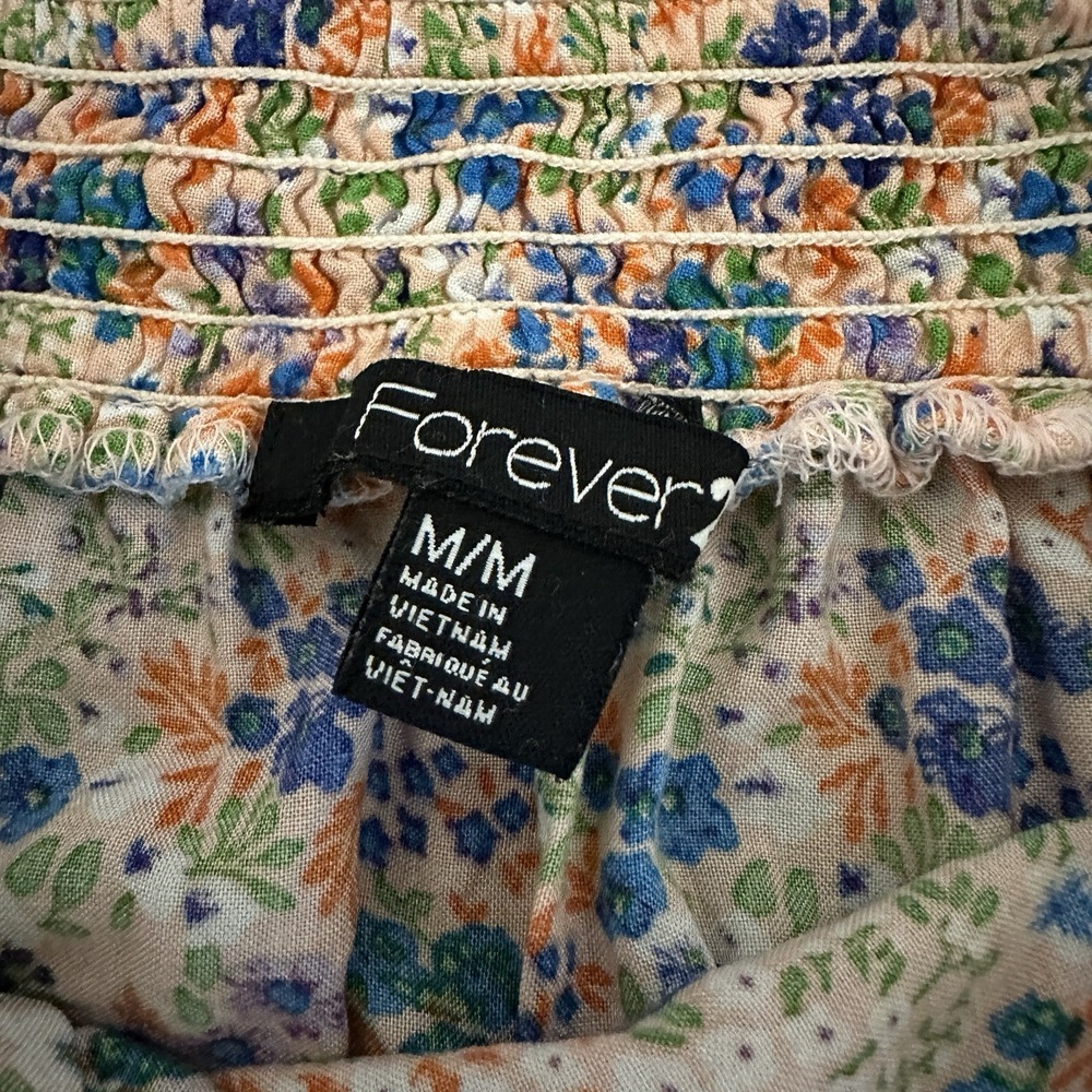 Forever 21 Floral Mini Skirt Womens Medium Peach Blue Smocked Elastic Waist - Picture 4 of 5